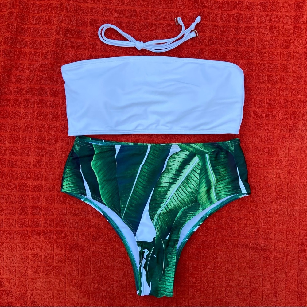 White Green Palm Strapless Bikini Small